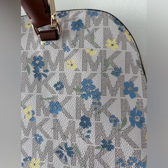Michael Kors Cindy Vanilla Dome Satchel Purse Floral Print Blue Yellow Leather - Picture 9 of 17